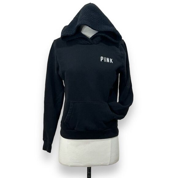 PINK Victorias Secret Black Sherpa Hooded Sweatshirt, XS - Picture 1 of 14